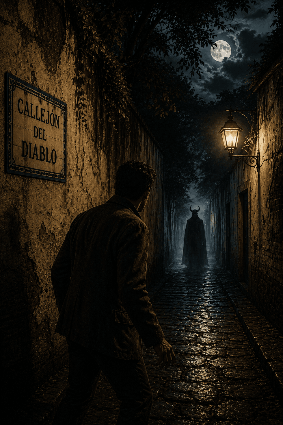 Man in alley faces horned figure under full moon. Sign reads "Callej\u00f3n del Diablo."