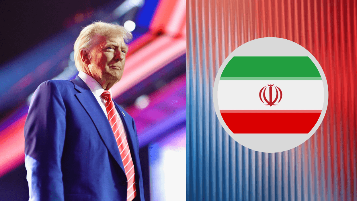 Man in blue suit with red tie, next to Iranian flag symbol on colorful background.