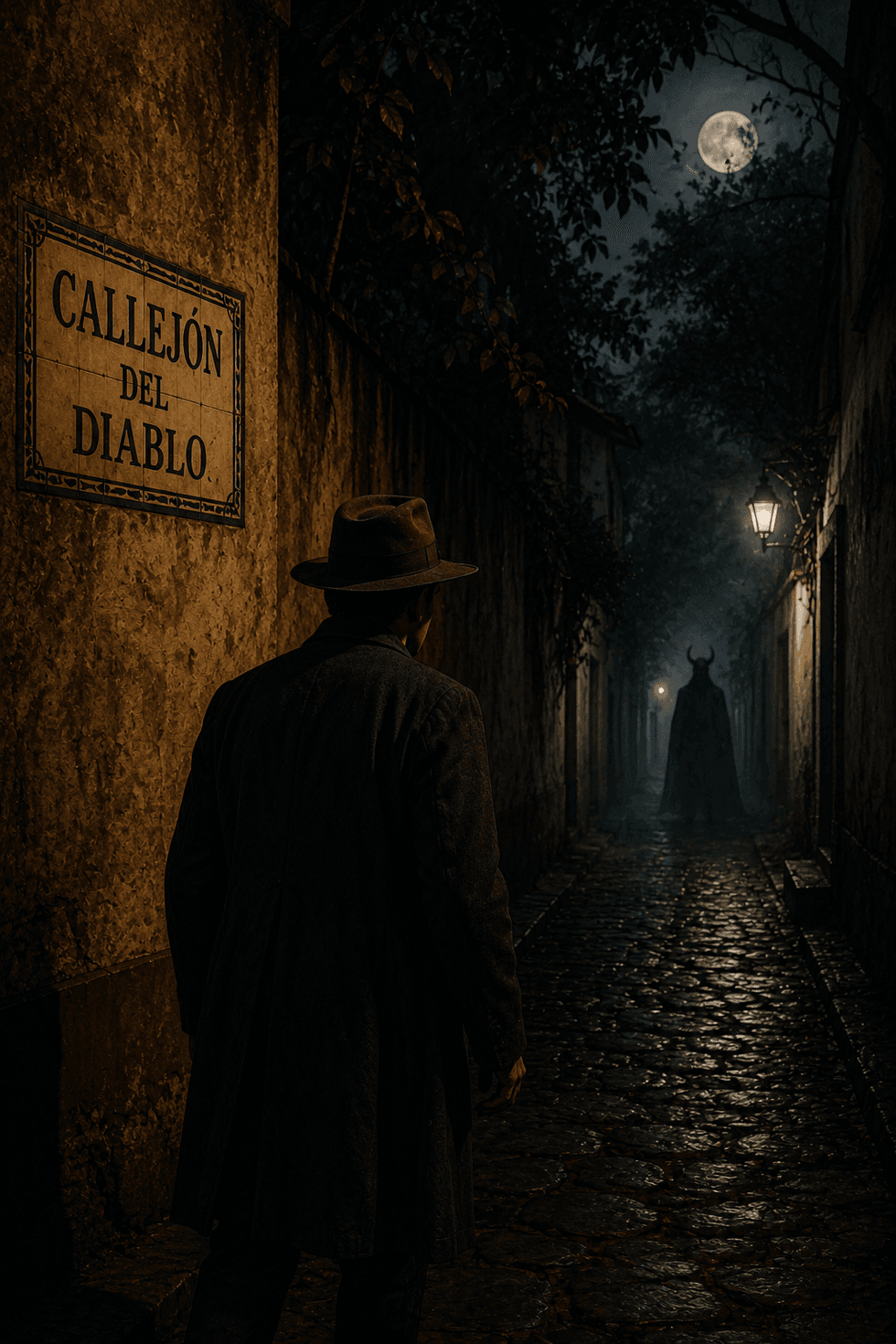 Man in dark alley with "Callej\u00f3n del Diablo" sign, facing a horned figure under moonlight.