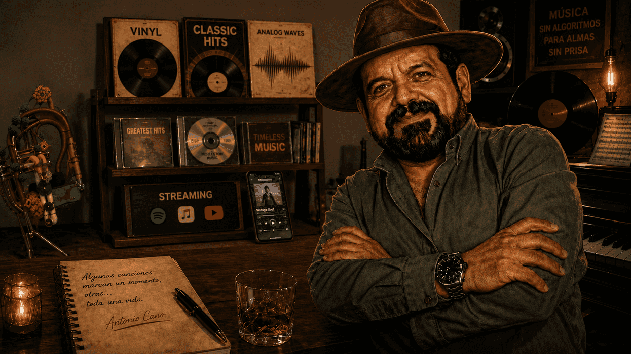 Man in hat beside music records, a piano, and a notebook on a vintage-style desk.