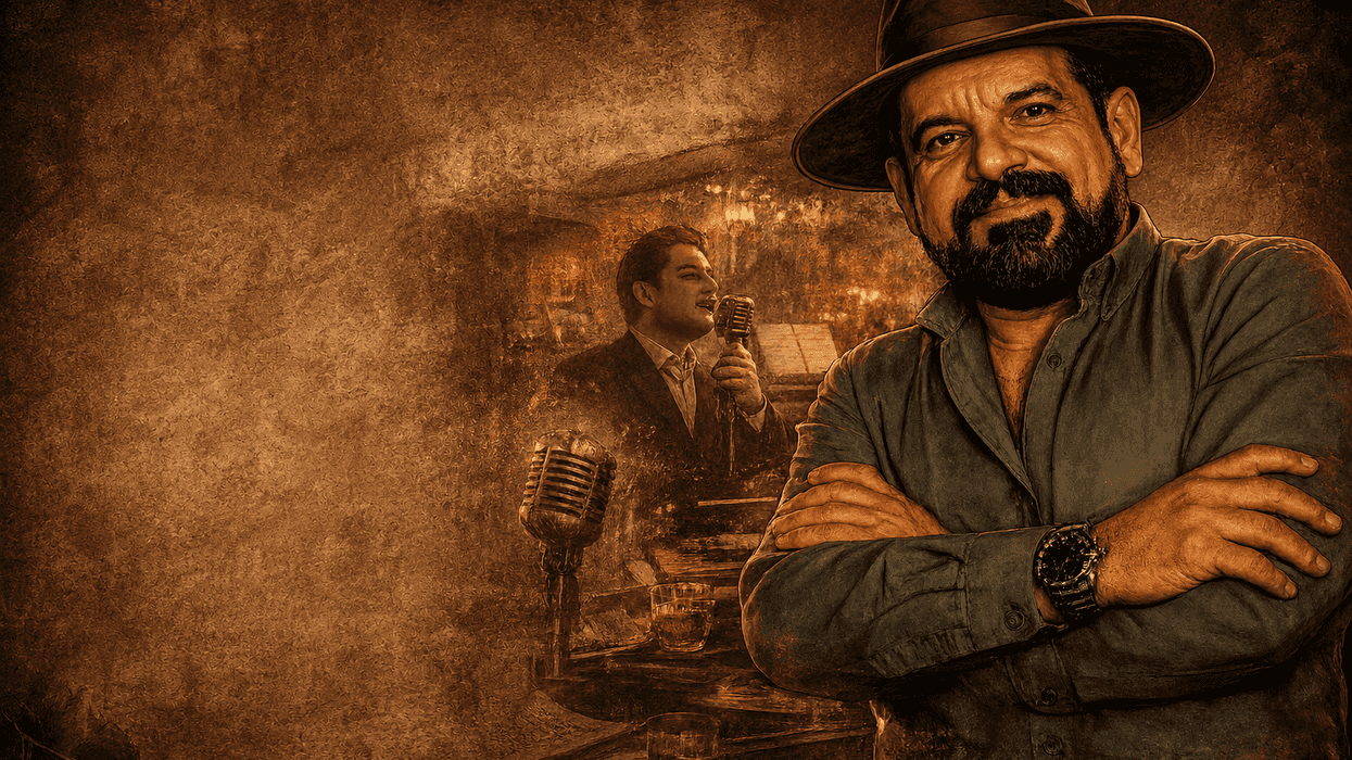 Man in hat with arms crossed, vintage-style singing scene in the background.