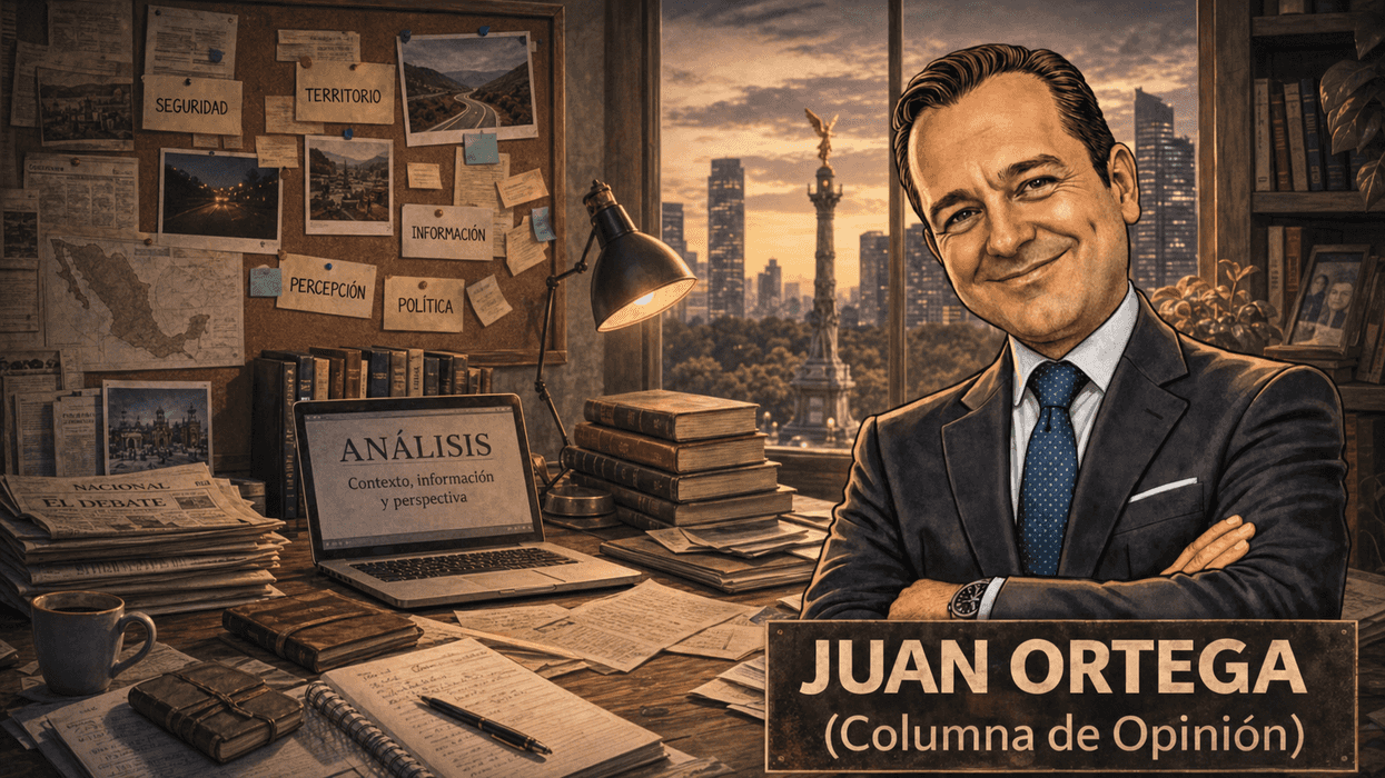 Man in office, "Juan Ortega: Columna de Opinión," with papers and laptop on desk.