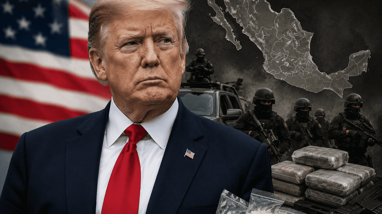 Man in suit, map of Mexico, armed soldiers, drugs, and US flag background.