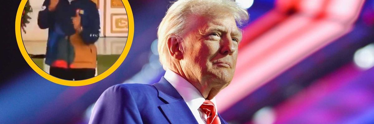 Man in suit with colorful stage lights; inset of another man gesturing in a room.