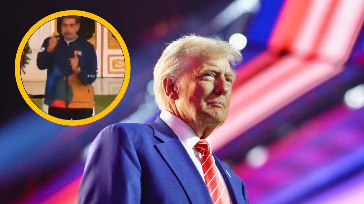 Man in suit with colorful stage lights; inset of another man gesturing in a room.