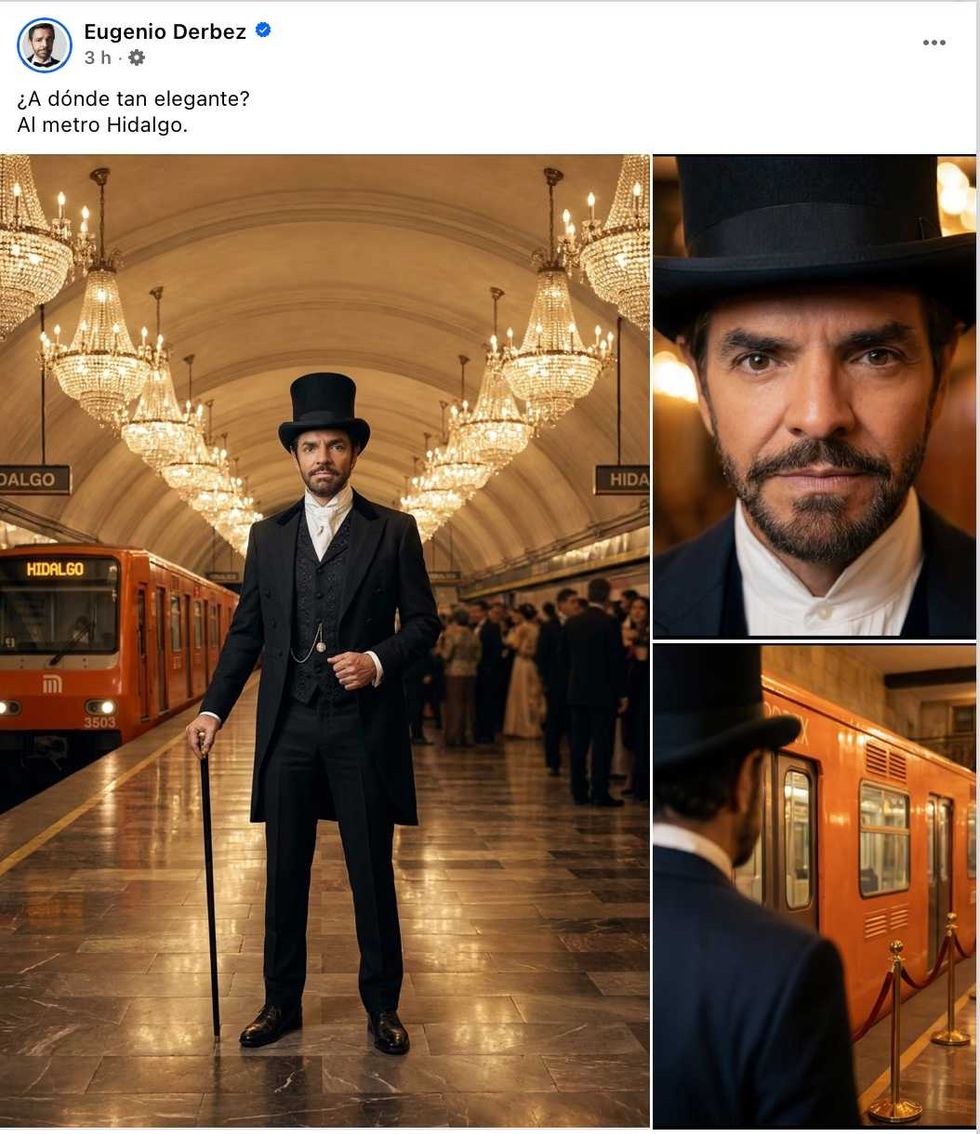 Man in vintage suit and top hat at elegant subway station with chandeliers.