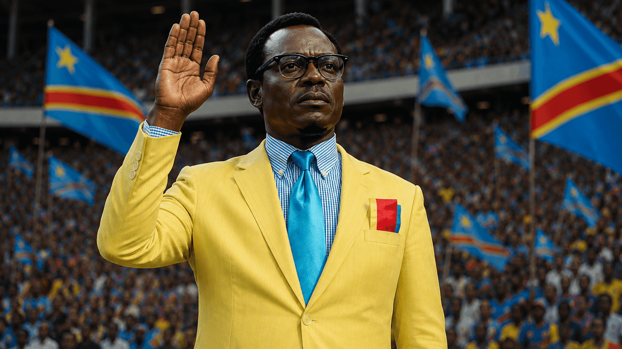 Man in yellow suit raises hand; crowd and DR Congo flags in background.