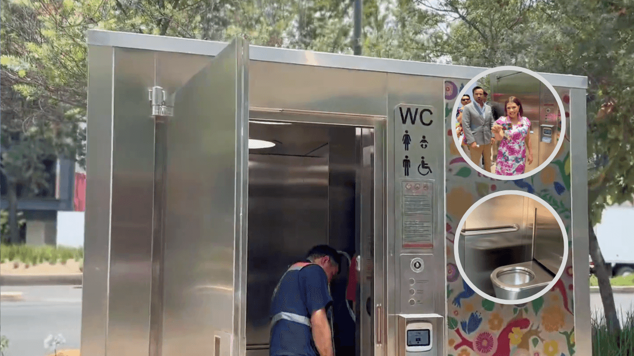 Man installing a metallic, floral-patterned public toilet; insets show the interior and people outside.