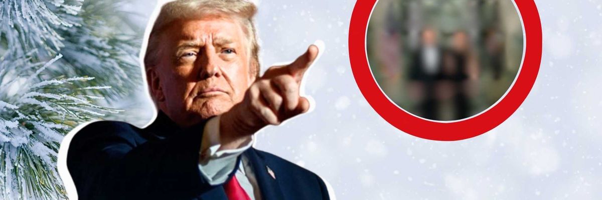 Man pointing against snowy background with pine branches and a circular inset image.