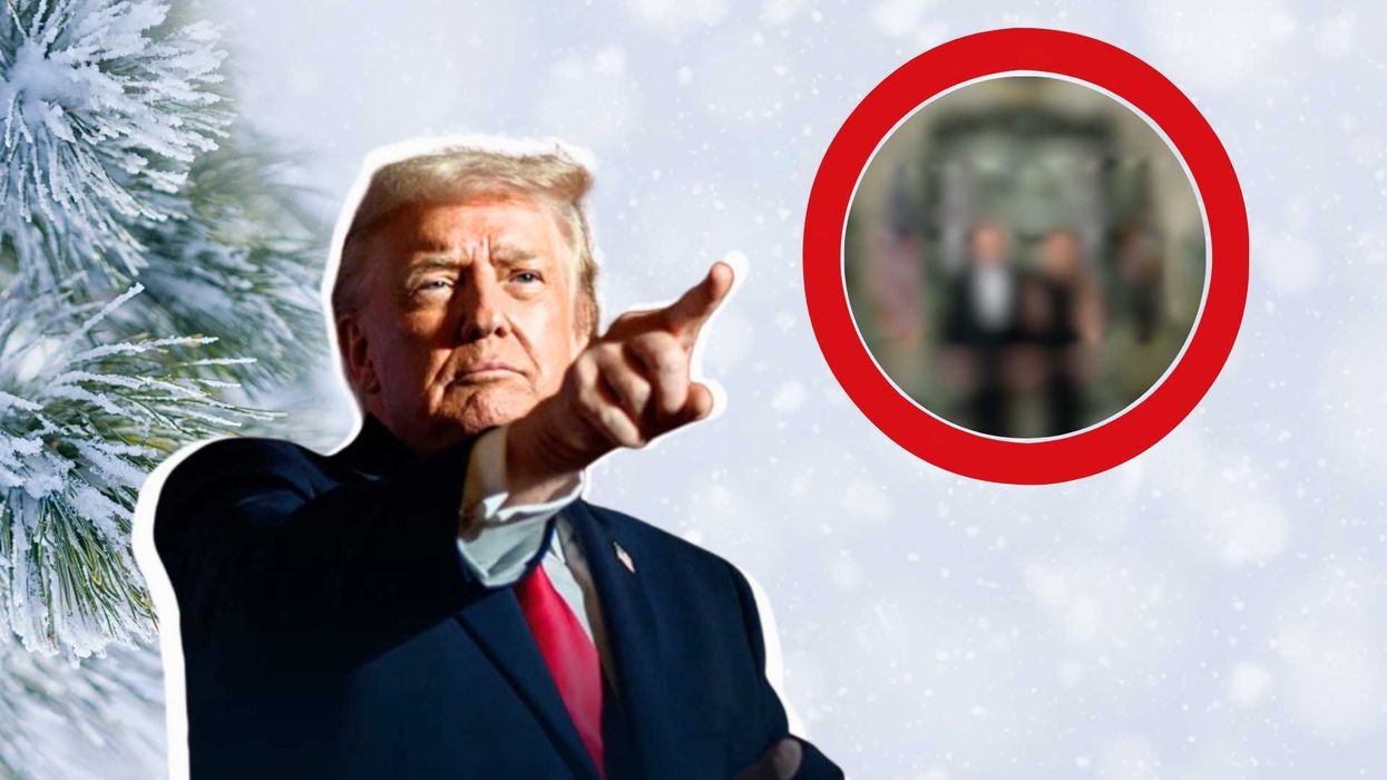 Man pointing against snowy background with pine branches and a circular inset image.