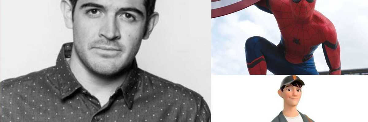 Man's portrait with Spider-Man and animated character in a collage.