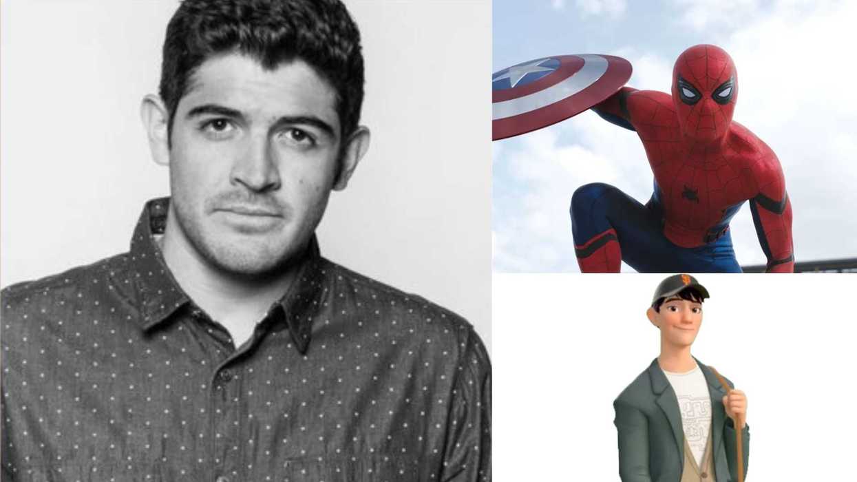 Man's portrait with Spider-Man and animated character in a collage.
