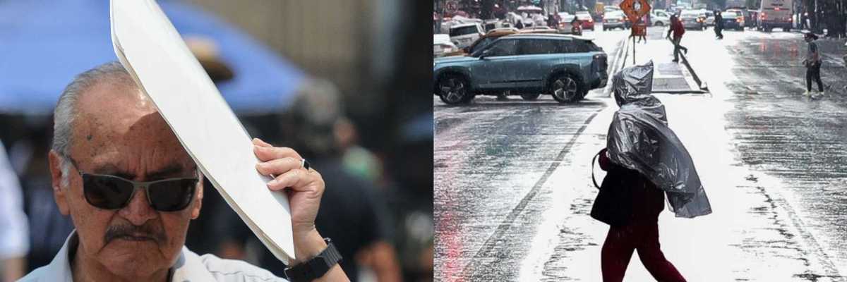 Man shields from sun with folder; person crosses rainy street under aluminum cover.