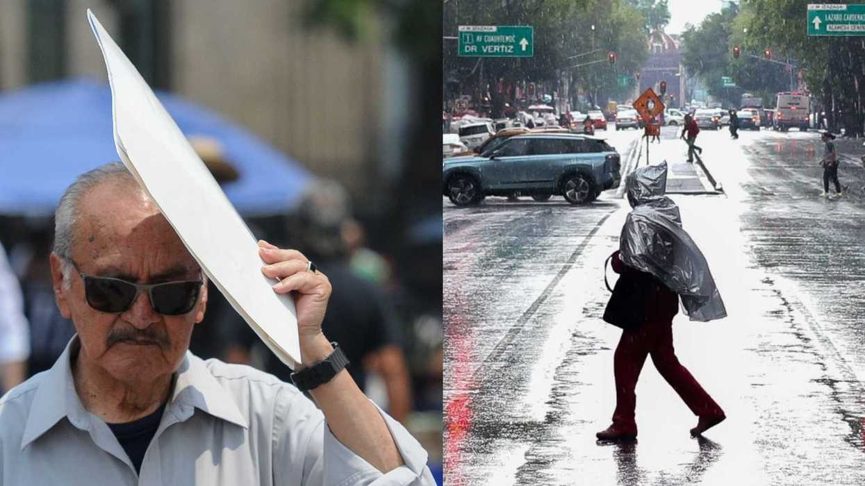 Man shields from sun with folder; person crosses rainy street under aluminum cover.