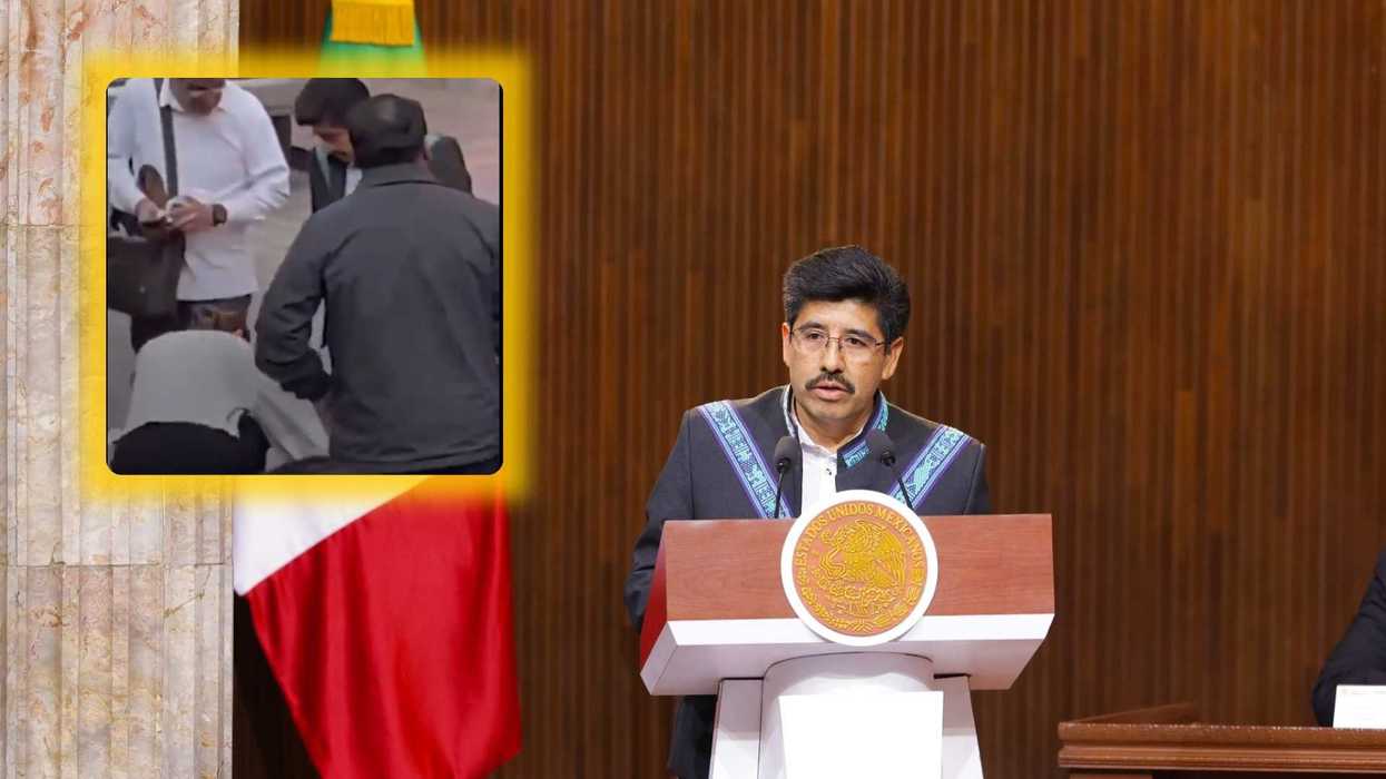 Man speaking at podium, inset shows a few people gathered around an object on the floor.