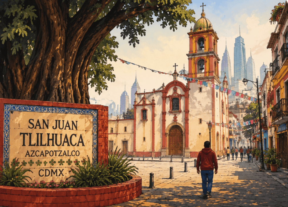 Man walks towards historic church; San Juan Tlihuaca sign visible; colorful flags above.
