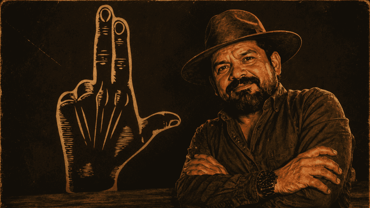 Man with hat and crossed arms beside vintage peace sign and gun gesture illustration.