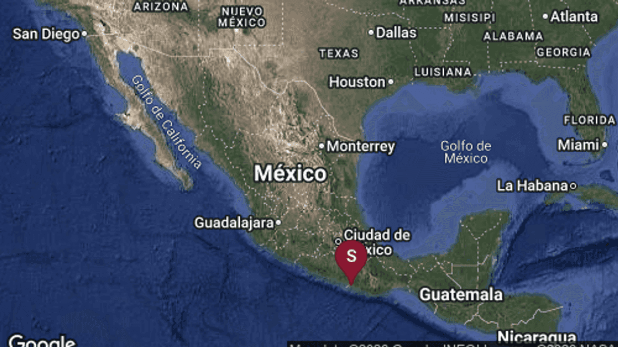 Map highlighting a location in southern Mexico with a red pin "S".
