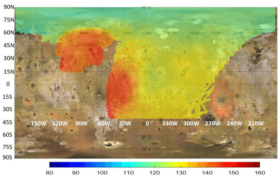 Map of Io's surface with heat distribution in orange and yellow, latitude and longitude grid.