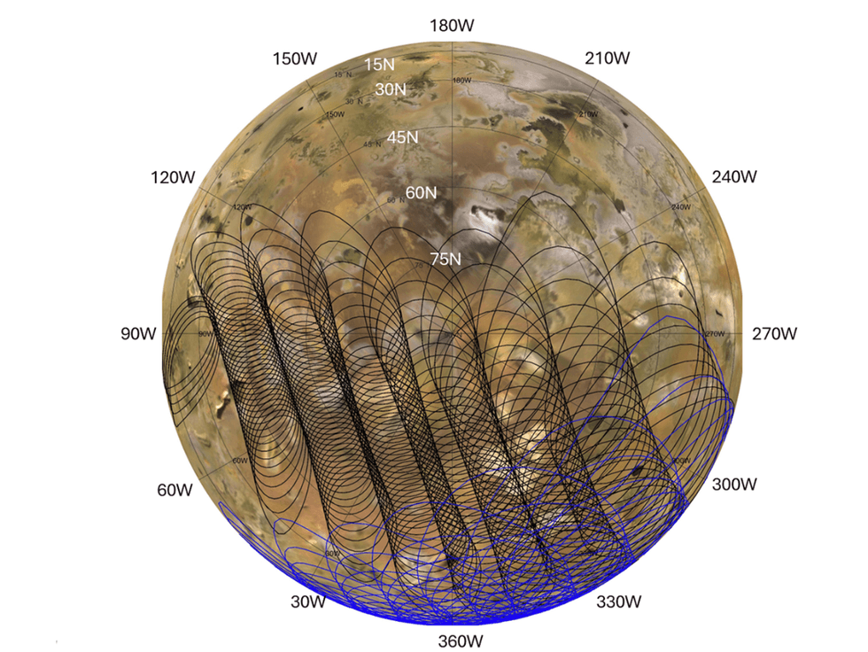 Map of Mars with overlay of contour lines and latitude-longitude markers.