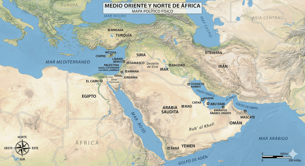 Map of Middle East and North Africa with countries labeled in Spanish.