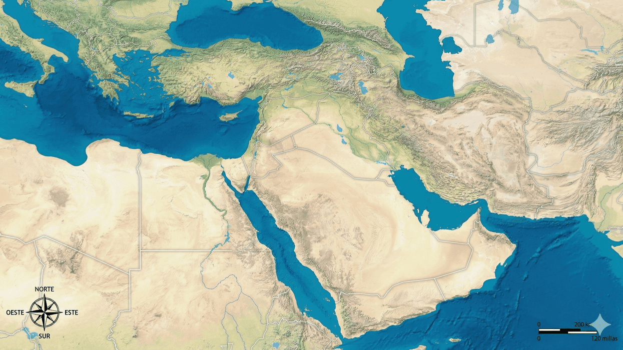Map of the Middle East and surrounding regions, with terrain and borders marked.
