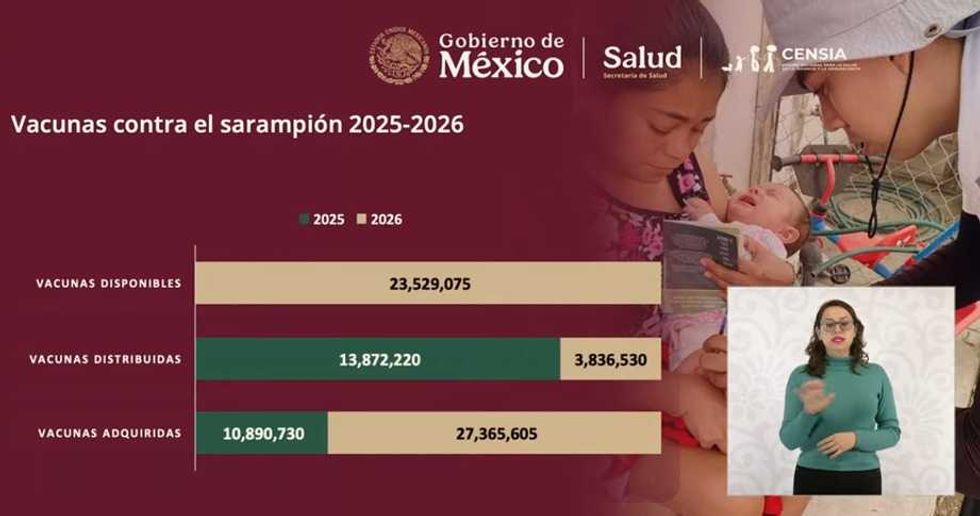 Measles Vaccines 2025-2026: Bar chart, mother with baby, and sign language interpreter.