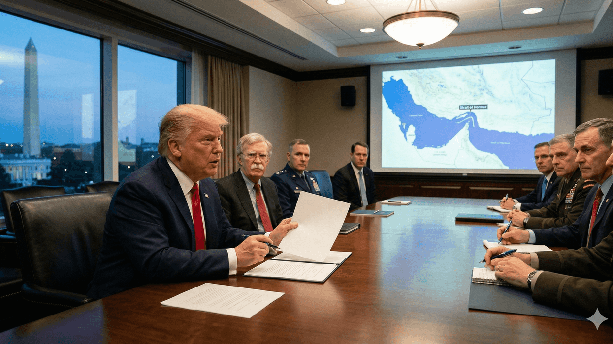 Meeting with officials in a conference room, map of Hormuz Strait displayed on screen.