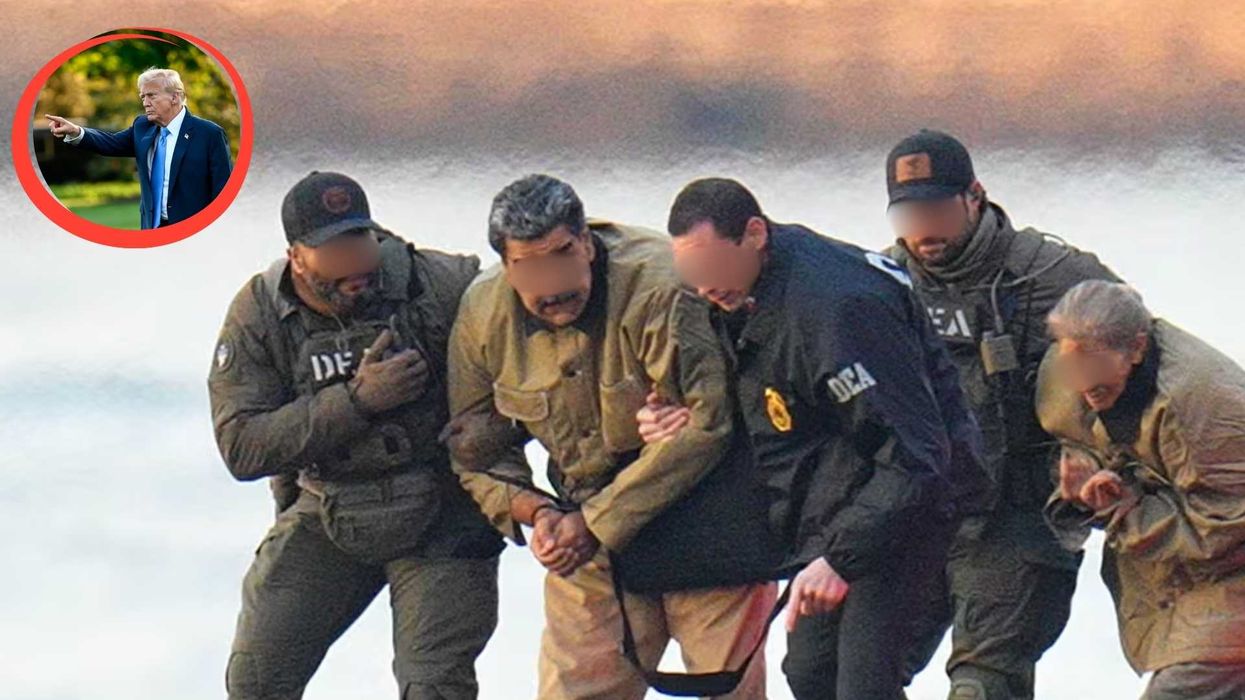 Men escorting a detained individual; inset of a man pointing.