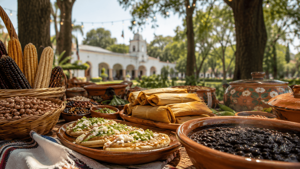 Mesa con frijoles, tamales, tlacoyos, maíz y comida tradicional mexicana en un ambiente al aire libre