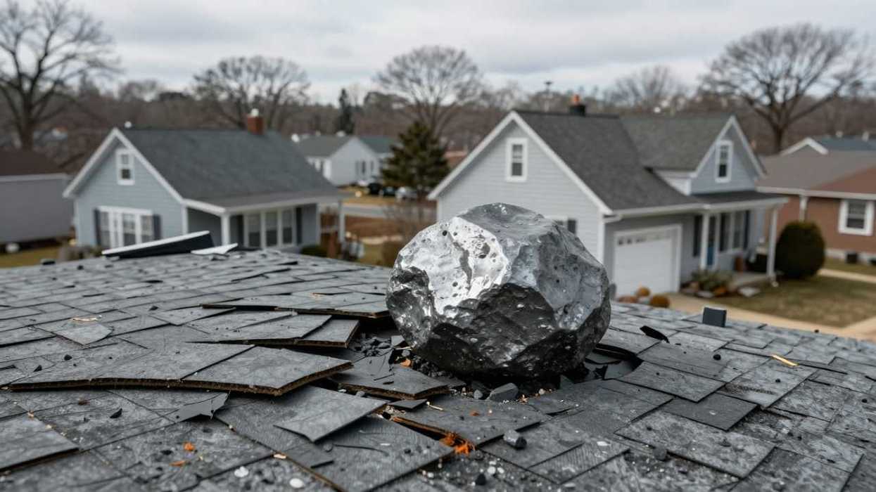 Meteorite embedded in a damaged roof of a house in a suburban neighborhood.