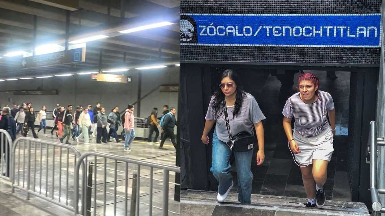 Metro passengers inside station and two people exiting at Zócalo/Tenochtitlan entrance.