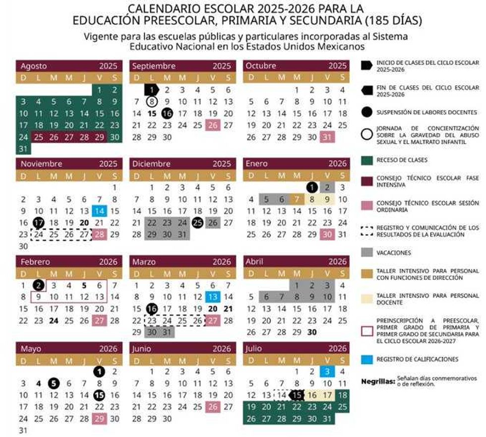 Mexican 2025-2026 school calendar for preschool to secondary, highlighting key events.