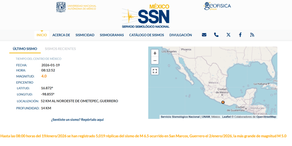 Mexican earthquake report: 4.0 magnitude, 52 km NW of Ometepec, Guerrero, January 19, 2026.