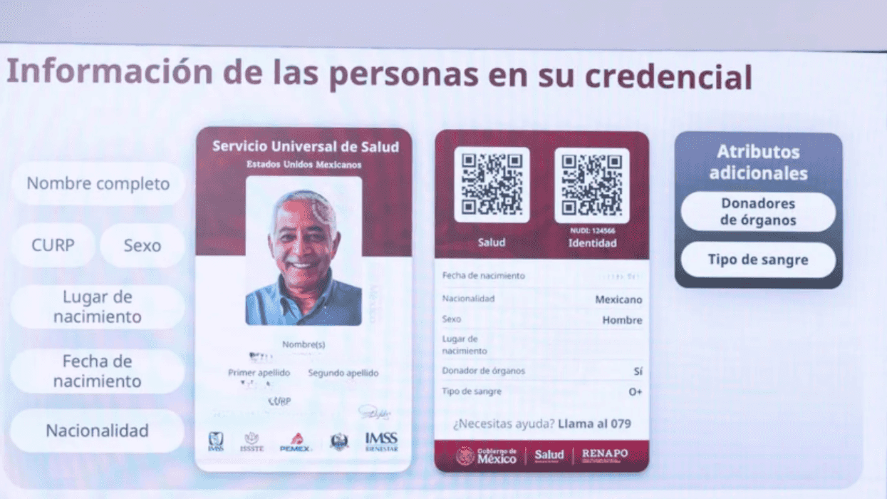Mexican health card info: personal data, QR codes, organ donor, and blood type details.