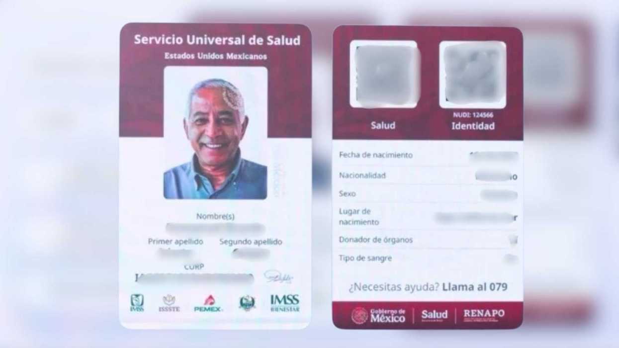Mexican health ID cards with personal information blurred out.