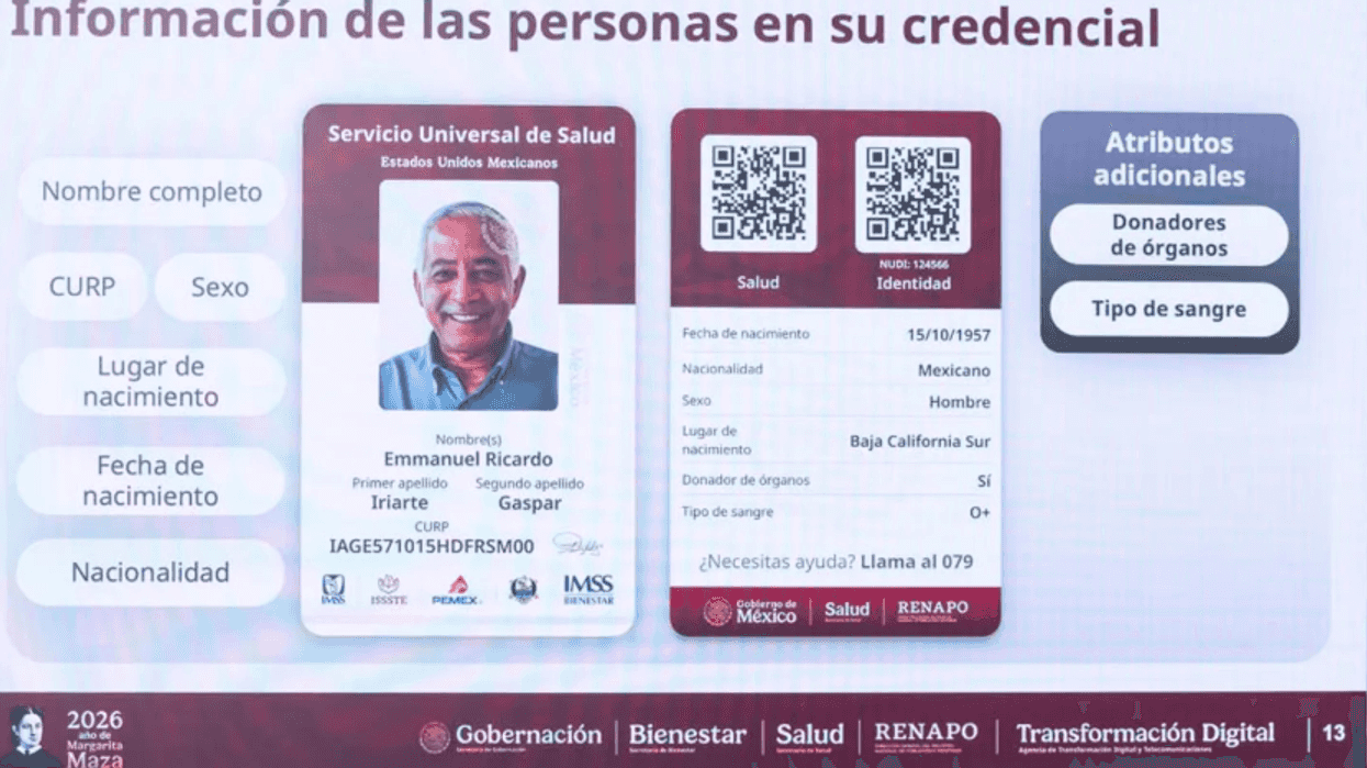 Mexican health service ID card with personal details and organ donor status.