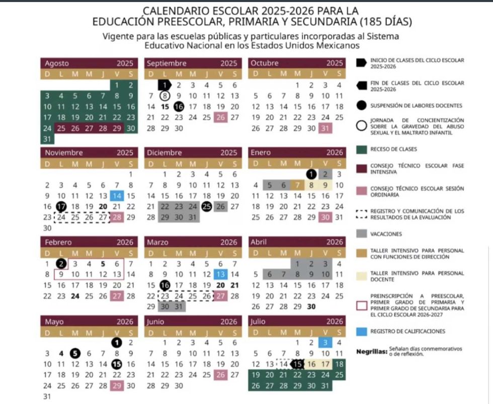 Mexican school calendar 2025-2026 with holidays and events marked in various colors.