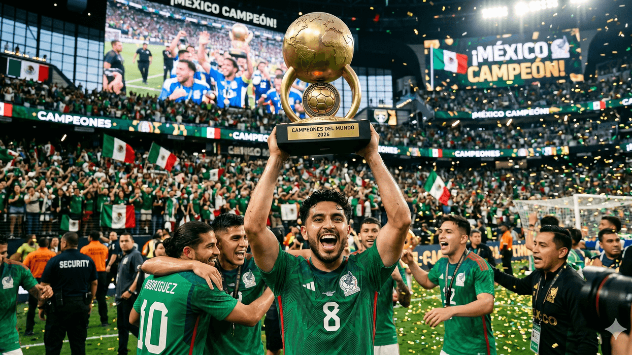 Mexican soccer player celebrates with 2026 world champion trophy amid cheering fans.