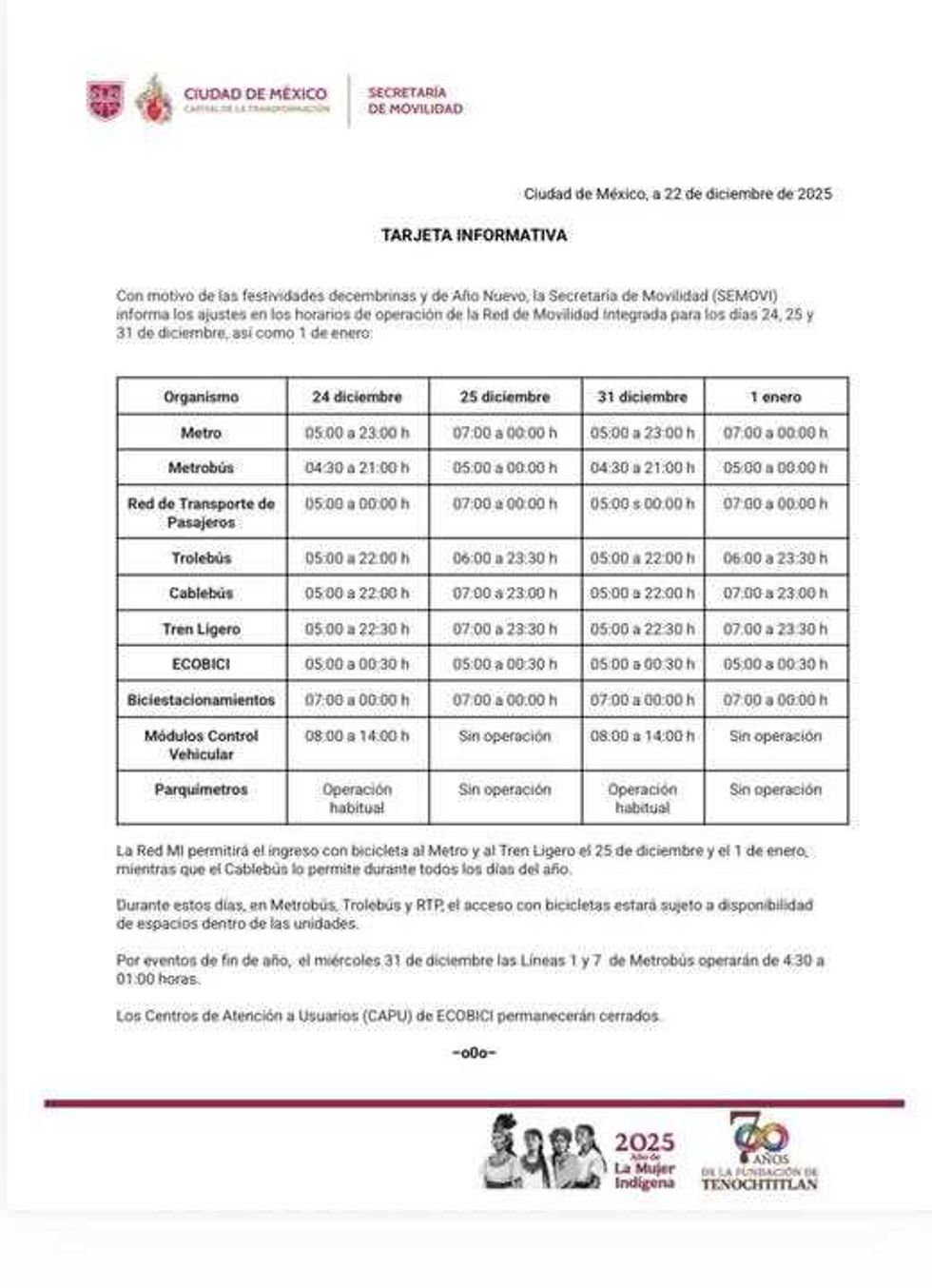 Mexico City transit schedule changes for December 24, 25, 31, and January 1, 2025.