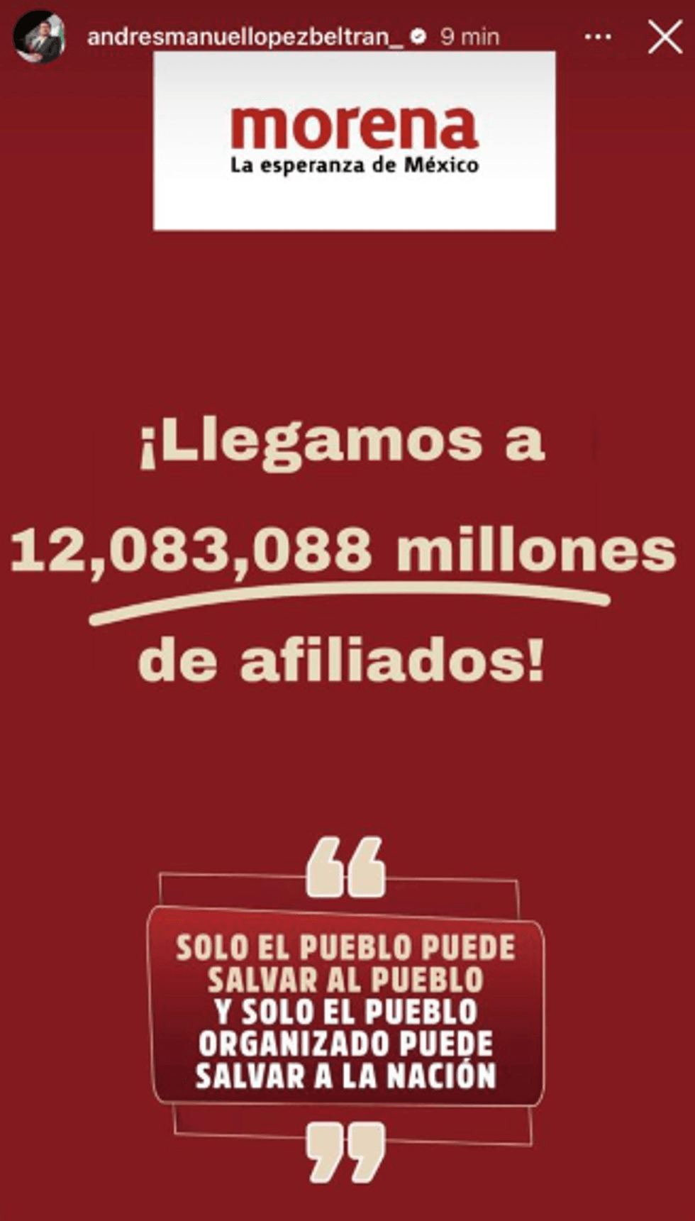 Morena claims 12,083,088 affiliates; "Only the people can save the nation" quote.