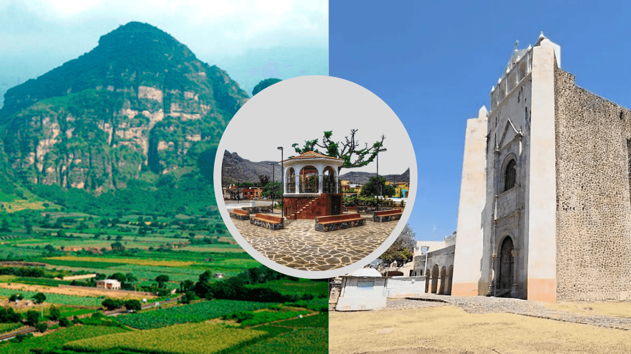 Mountain landscape, a church, and a circular inset of a town square with a gazebo.