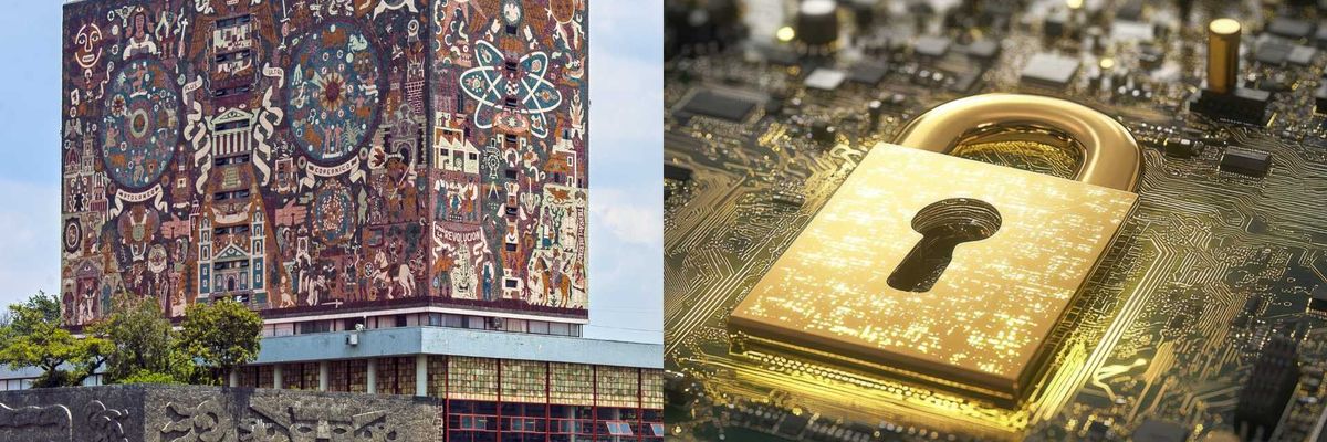 Mural-covered library beside a golden padlock on a microchip.
