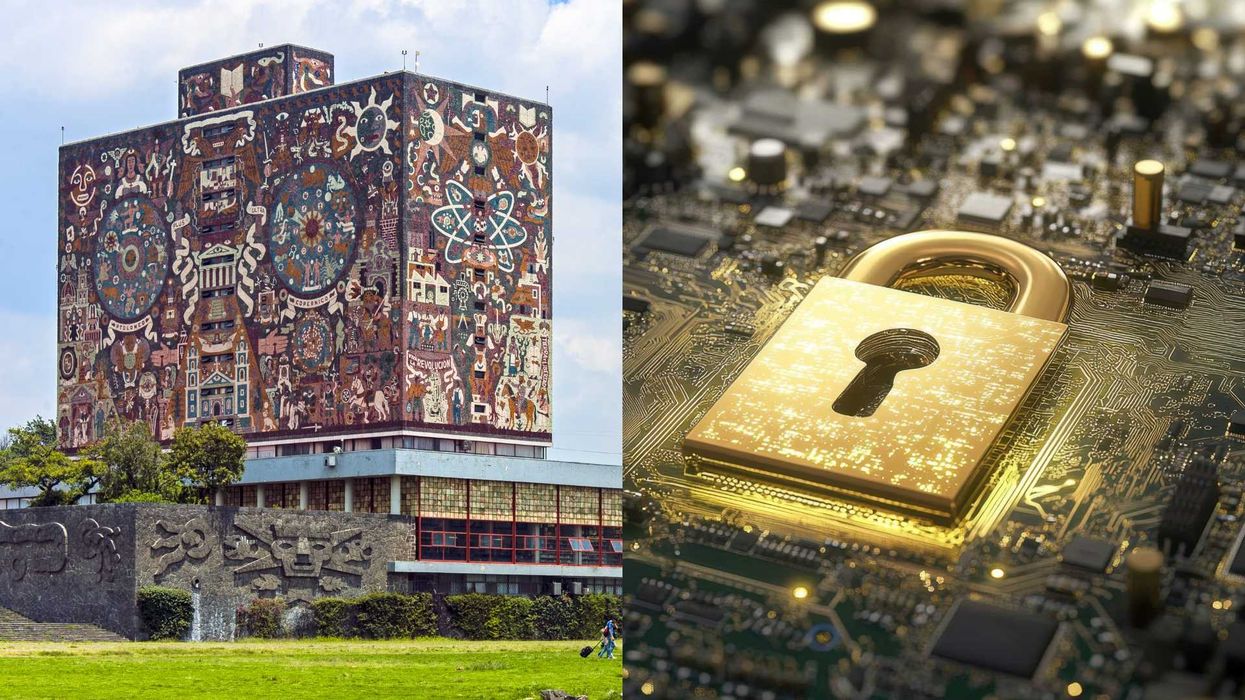 Mural-covered library beside a golden padlock on a microchip.