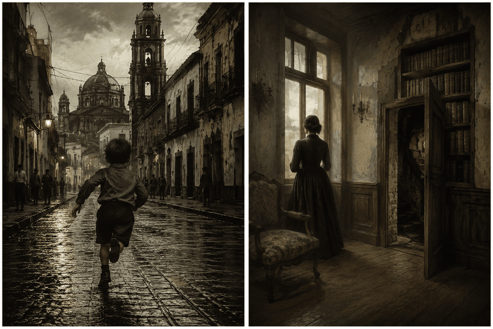 Ni\u00f1o corre por una antigua calle de la Ciudad de M\u00e9xico, ilustraci\u00f3n de la leyenda del Ni\u00f1o Perdido.