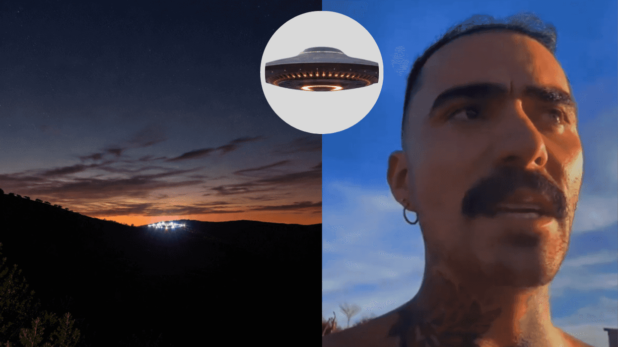 Night sky with glowing UFO, man staring, sunset horizon.