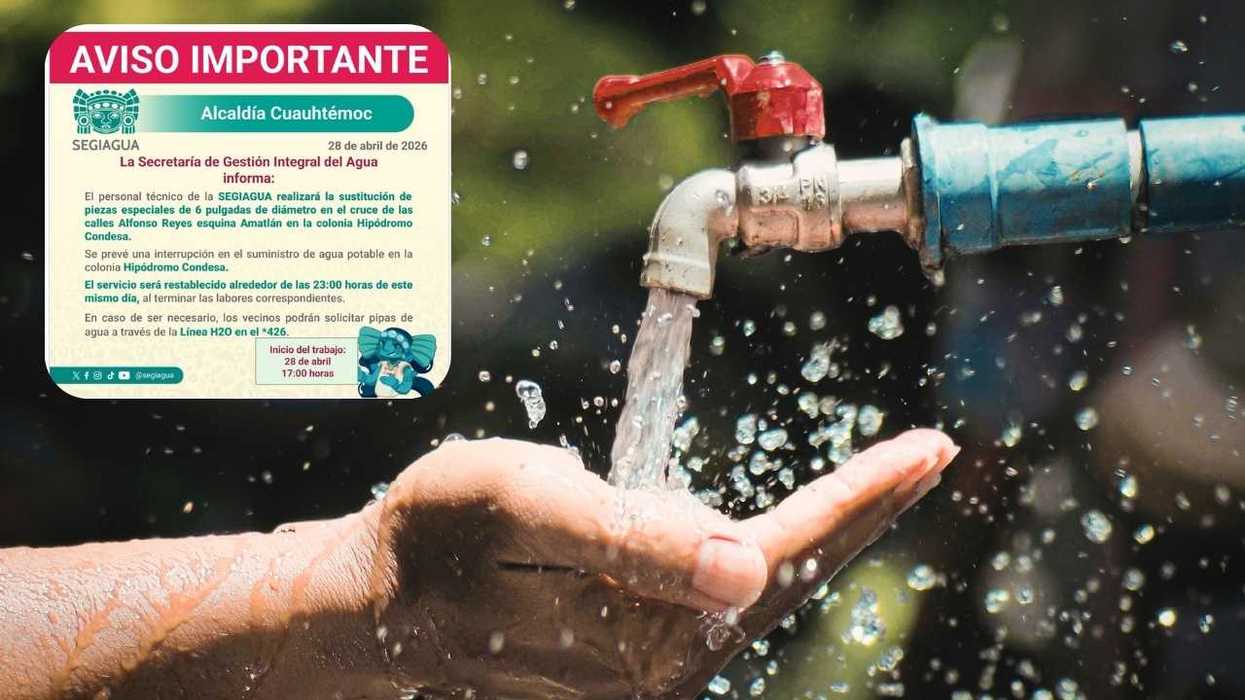 Notice about water supply interruption beside a running faucet over a hand.