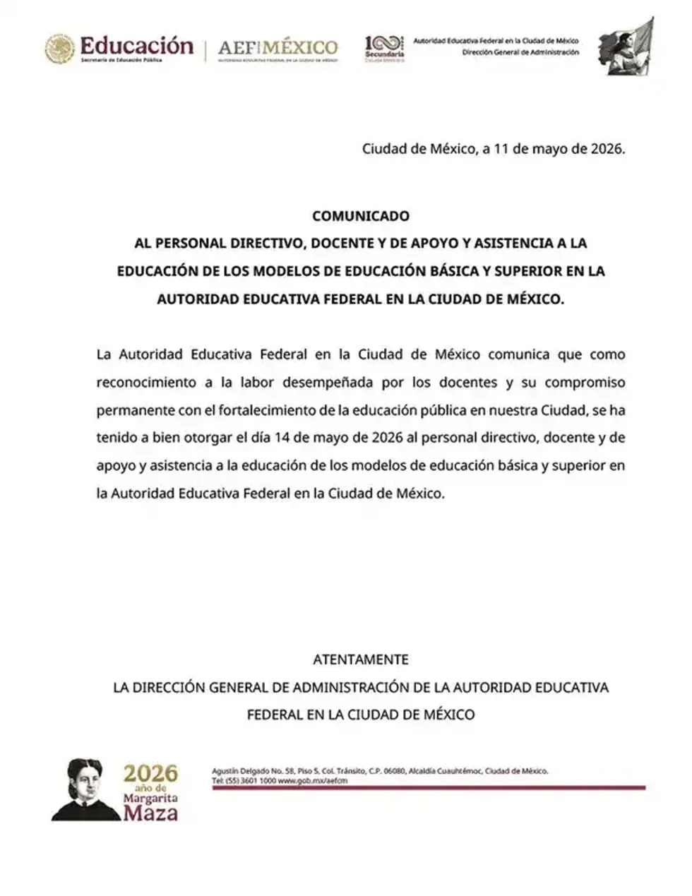 Official letter from Mexican educational authorities to staff, dated May 11, 2026.