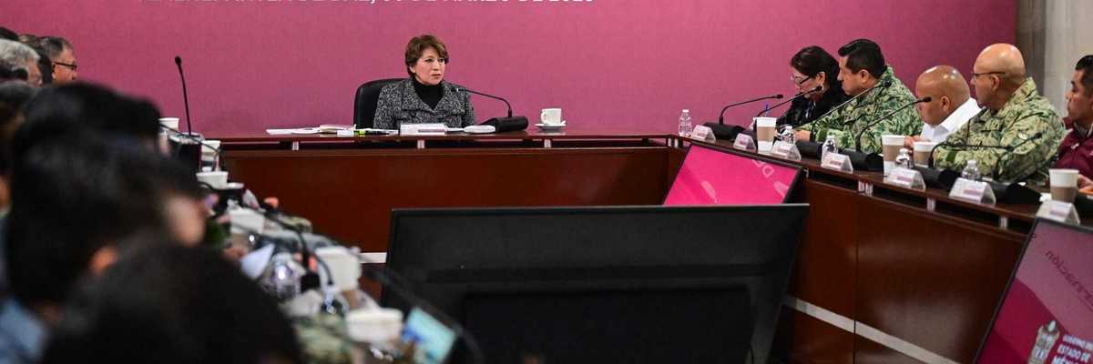 Officials at a conference table for "Mesa de Paz" in Tlalnepantla, Mexico, March 30, 2026.