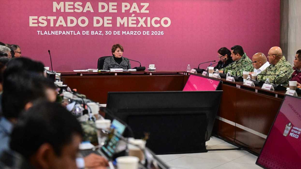 Officials at a conference table for "Mesa de Paz" in Tlalnepantla, Mexico, March 30, 2026.